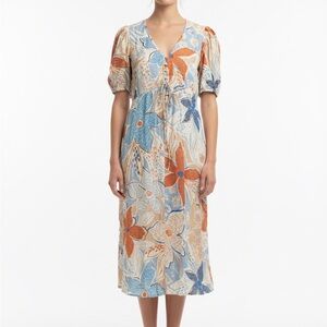 Band of the Free Elegant Floral Midi Dress in Blue and Orange size Small NWT